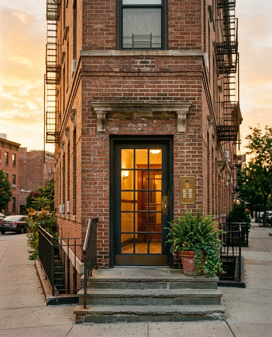 Rendering of a brick apartment building entrance in Greenpoint with a glass door and a buzzer panel at golden hour