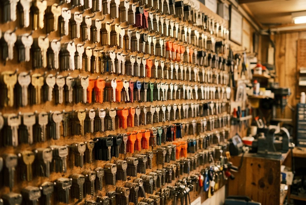 Rendering of a locksmith shop wall hung with rows of uncut key blanks